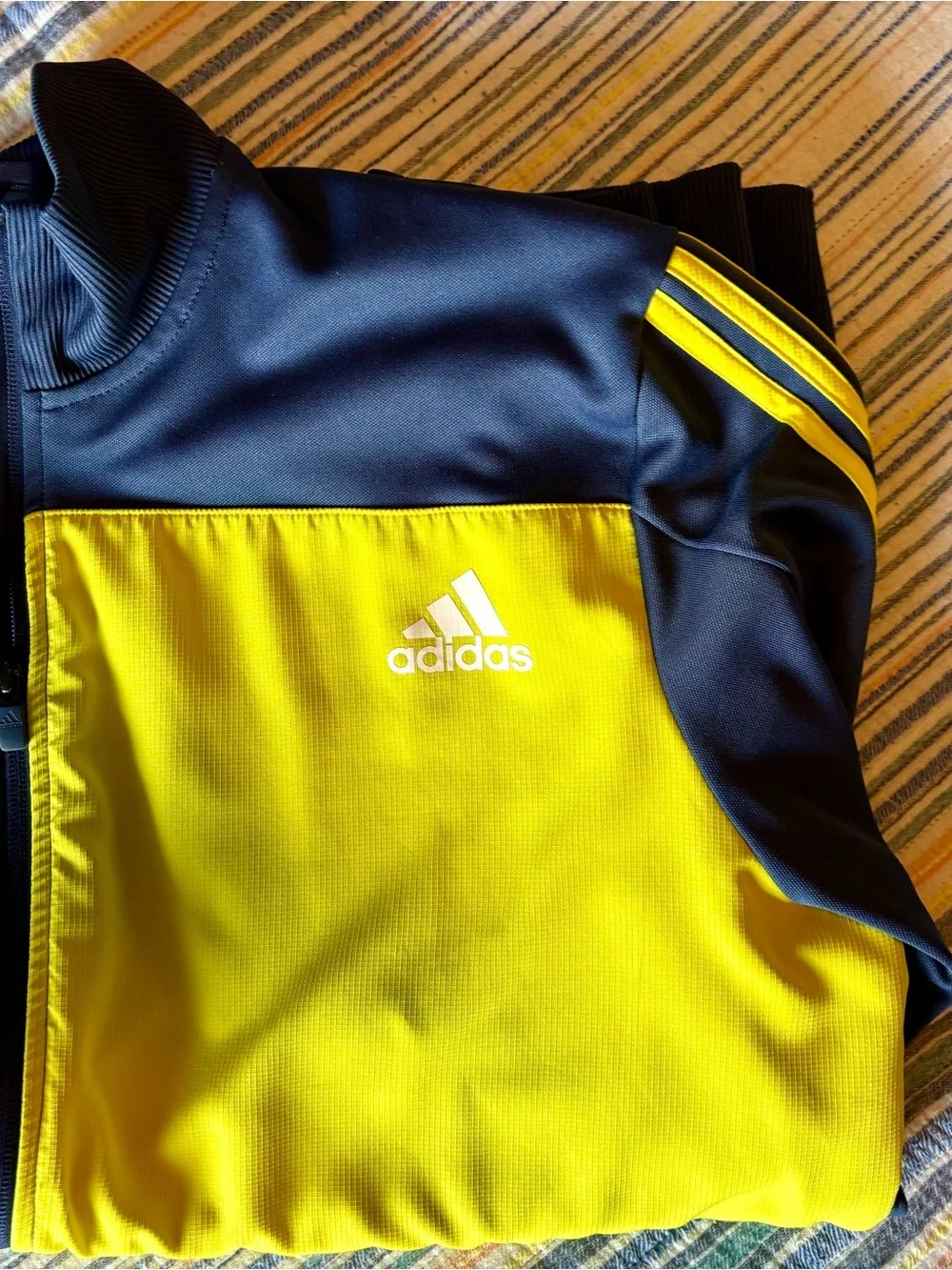 Men's Adidas Full Zip Track Jacket with Yellow chest panel and stripes.